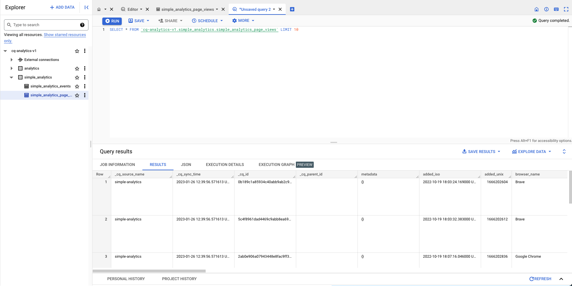 BigQuery query results